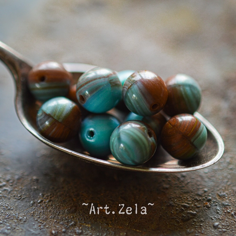 Perles rondes bicolores bleu rouge-brun 8mm X10 Perles verre tchèque lisse