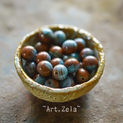 Perles rondes bicolores bleu rouge-brun 8mm X10 Perles verre tchèque lisse