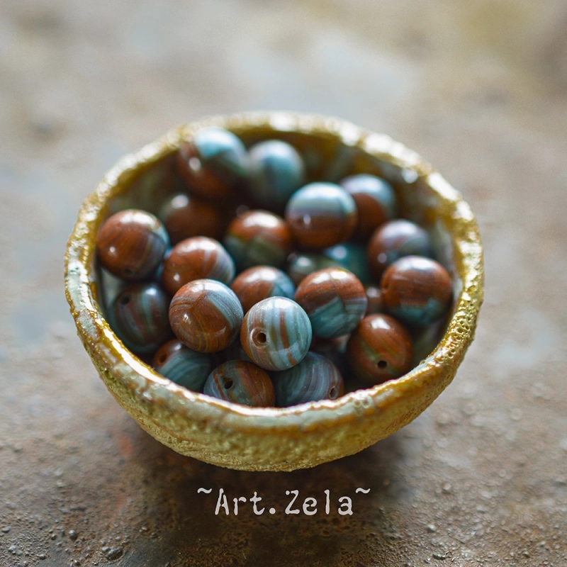 Perles rondes bicolores bleu rouge-brun 8mm X10 Perles verre tchèque lisse
