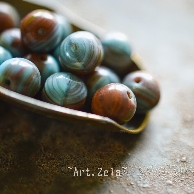 Perles rondes bicolores bleu rouge-brun 8mm X10 Perles verre tchèque lisse