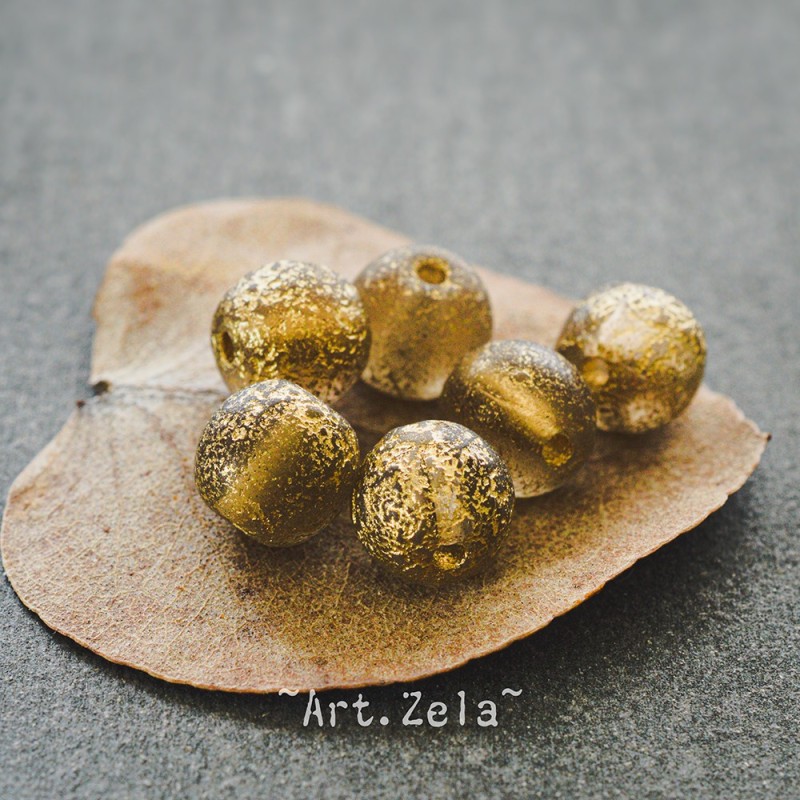 Perles rondes gris fumé doré 8mm X15 Perles verre tchèque texturé