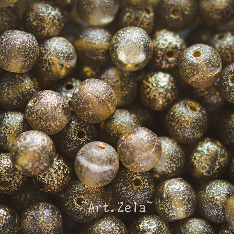 Perles rondes gris fumé doré 8mm X15 Perles verre tchèque texturé