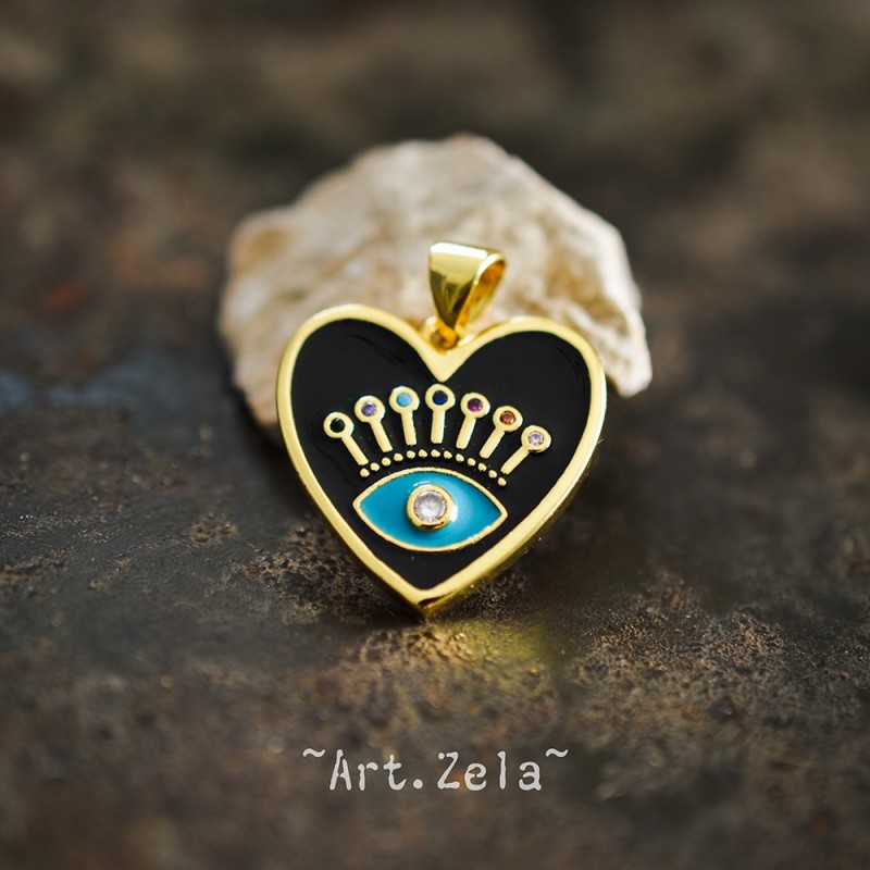Pendentif cœur émaillé noir 19mm X1 Pendentif laiton avec zircon