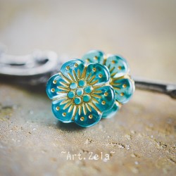 Perles fleurs turquoise et doré 13mm X10 Perles acryliques