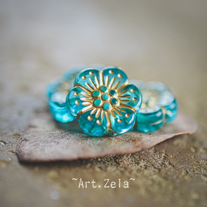 Perles fleurs turquoise et doré 13mm X10 Perles acryliques