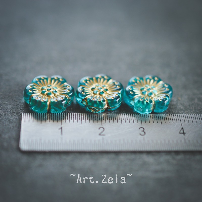 Perles fleurs turquoise et doré 13mm X10 Perles acryliques