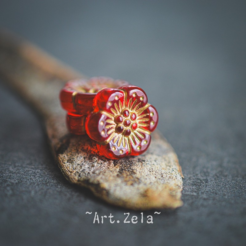 Perles fleurs rouge et doré 13mm X10 Perles acryliques