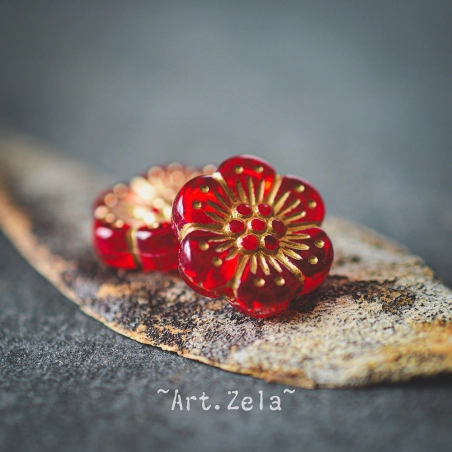 Perles fleurs rouge et doré 13mm X10 Perles acryliques