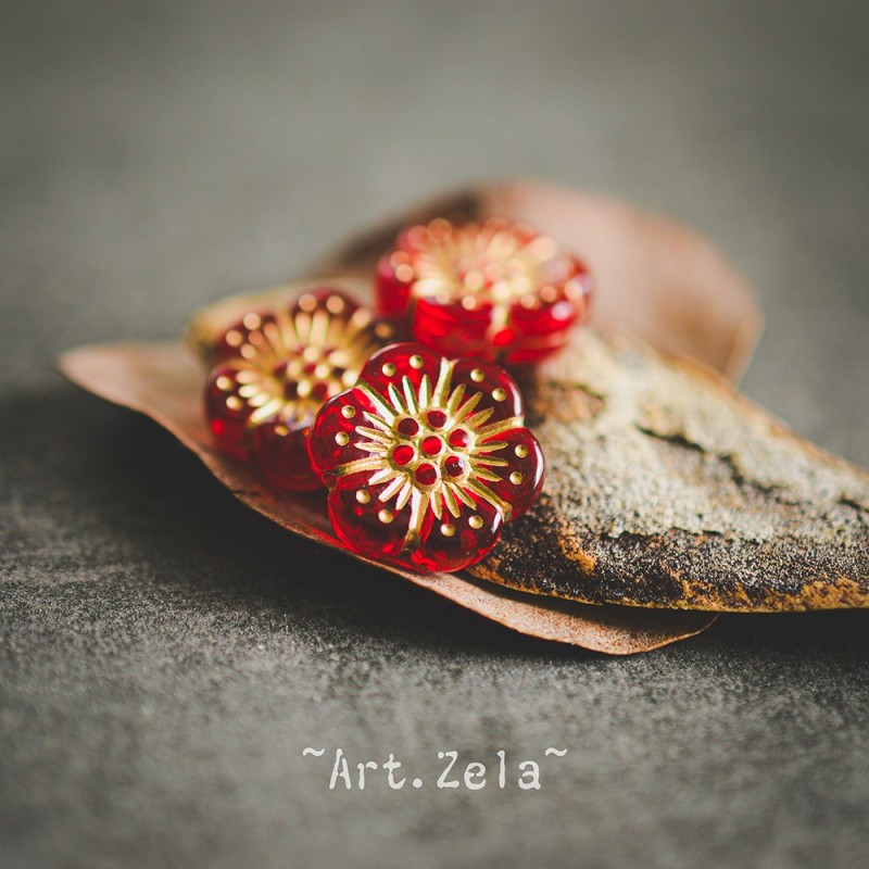 Perles fleurs rouge et doré 13mm X10 Perles acryliques