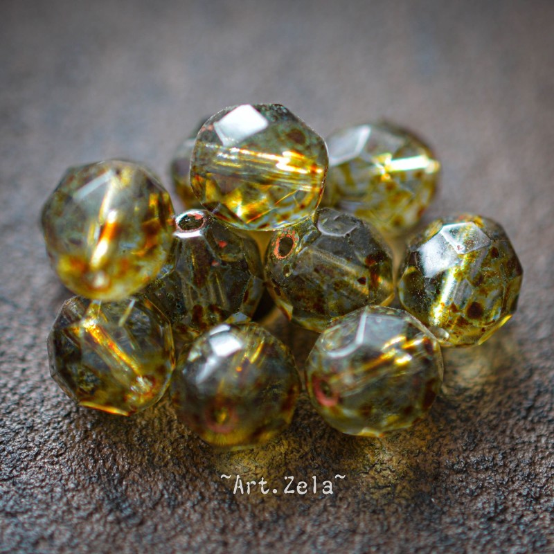 Facettes ambre vert jaune 8mm X10 Perles verre tchèque lustré