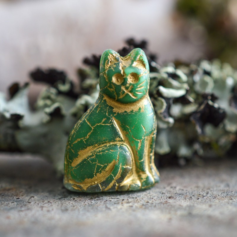 Chat vert bronze 25mm X1 Perle verre tchèque mat