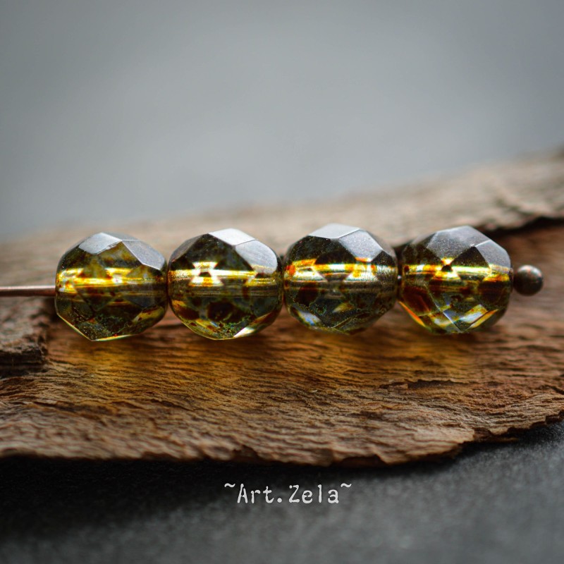 Facettes ambre vert jaune 8mm X10 Perles verre tchèque lustré