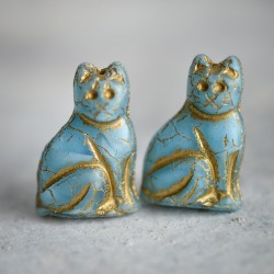 Chat bleu opalescent bronze 25mm X1 Perle verre tchèque mat