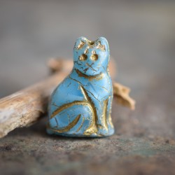 Chat bleu opalescent bronze 25mm X1 Perle verre tchèque mat