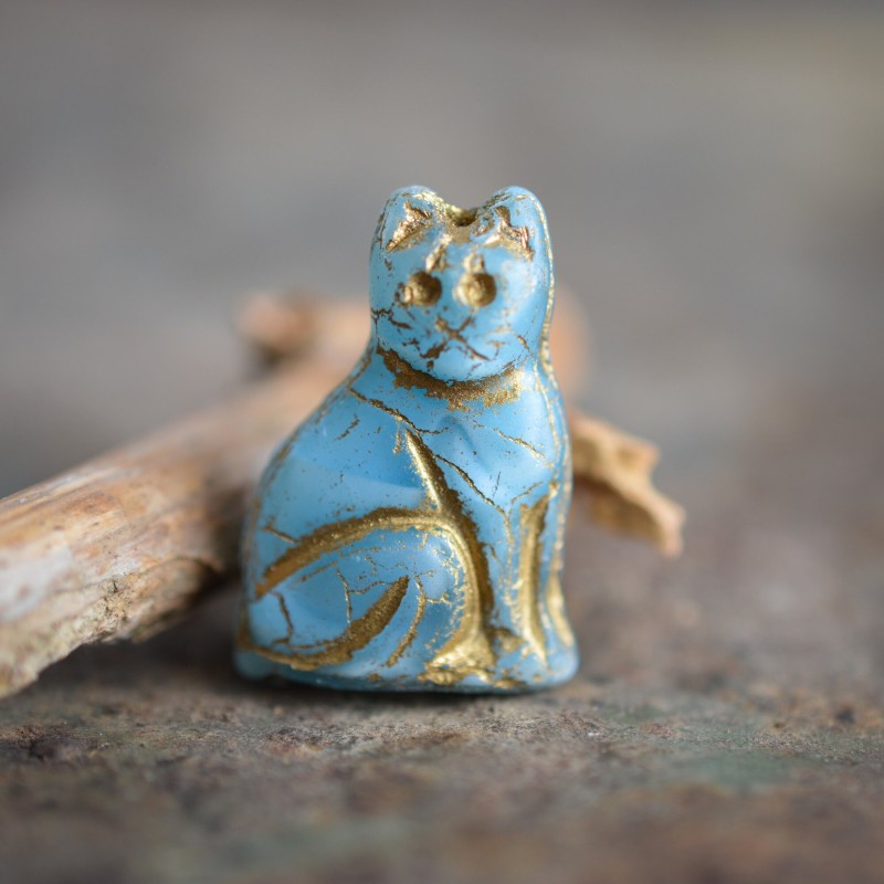 Chat bleu opalescent bronze 25mm X1 Perle verre tchèque mat