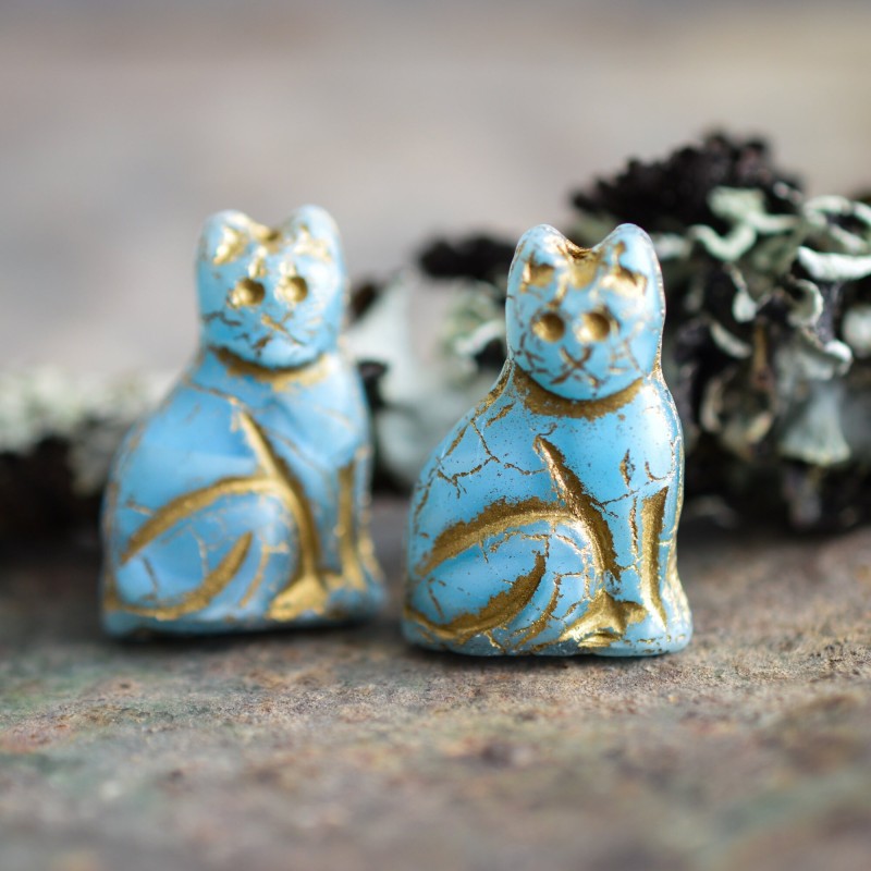 Chat bleu opalescent bronze 25mm X1 Perle verre tchèque mat