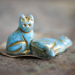 Chat bleu opalescent bronze 25mm X1 Perle verre tchèque mat