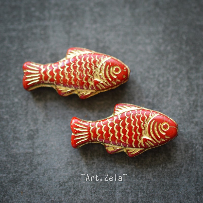 Poisson rouge doré 25mm X4 Perles verre tchèque opaque