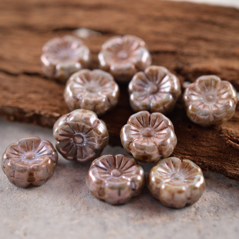 Fleurs hawaïennes marron glacé 8mm  X25 Perles verre tchèque opaque