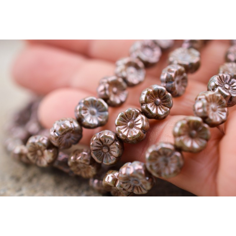 Fleurs hawaïennes marron glacé 8mm  X25 Perles verre tchèque opaque