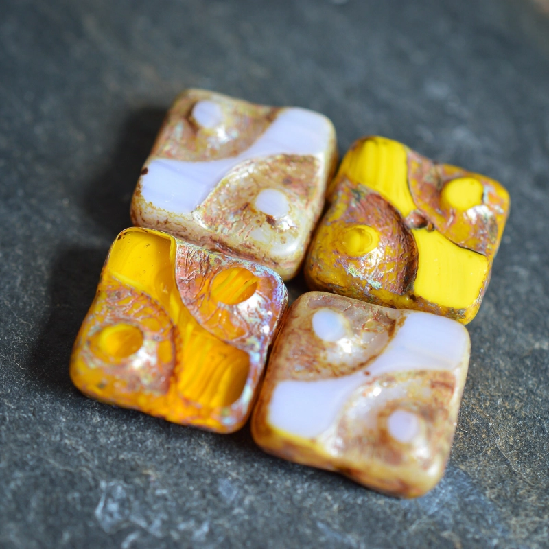 Perles carrées jaune, ambre et parme 10mm X6 Perles verre tchèque