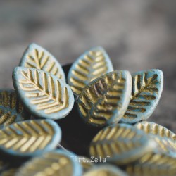 Feuilles mates bleu-gris doré 16mm X4 Perles verre tchèque premium