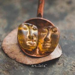 Perle masque tribal ambré 13mm X4 Perles verre tchèque dépoli