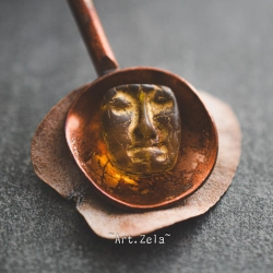 Perle masque tribal ambré 13mm X4 Perles verre tchèque dépoli