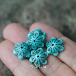 Clochettes bleu turquoise 14mm X2 Perles verre tchèque coupelles