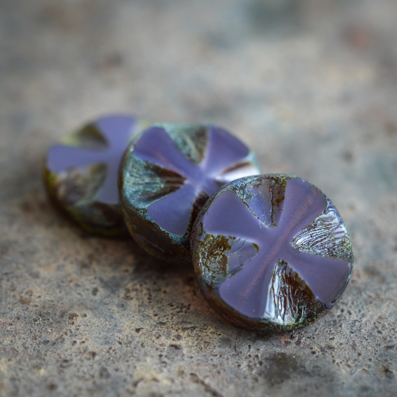 Croix stylisée violet gris 14mm X4 Perles verre tchèque Picasso