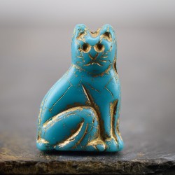 Chat bleu doré opaque et mat 25mm X1 Perle verre tchèque