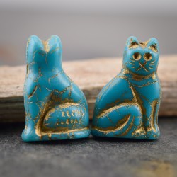 Chat bleu doré opaque et mat 25mm X1 Perle verre tchèque