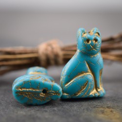 Chat bleu doré opaque et mat 25mm X1 Perle verre tchèque