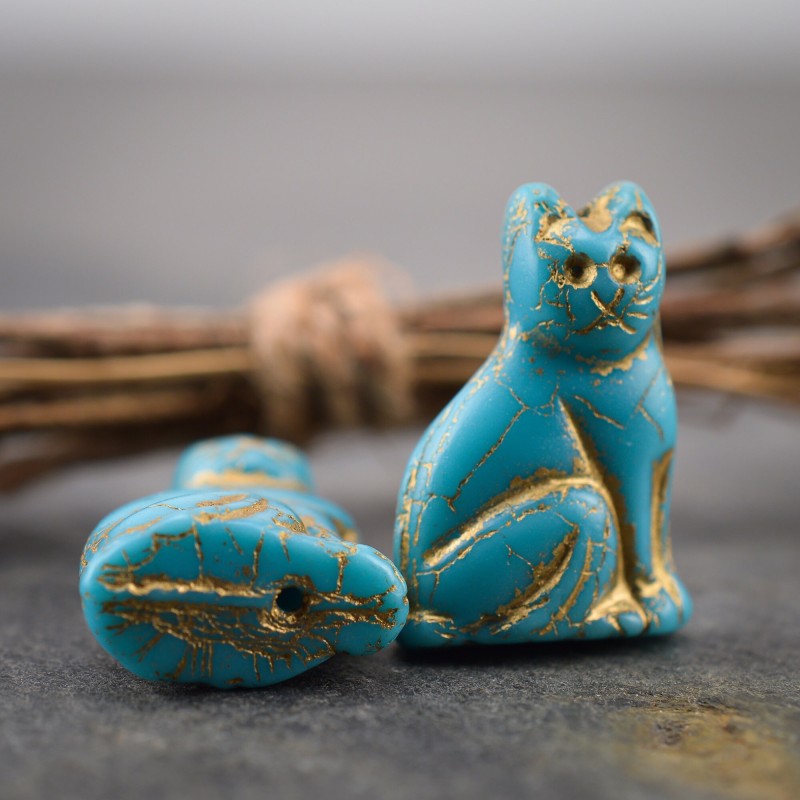 Chat bleu doré opaque et mat 25mm X1 Perle verre tchèque