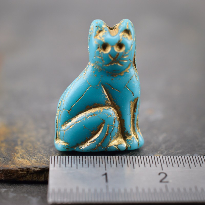 Chat bleu doré opaque et mat 25mm X1 Perle verre tchèque