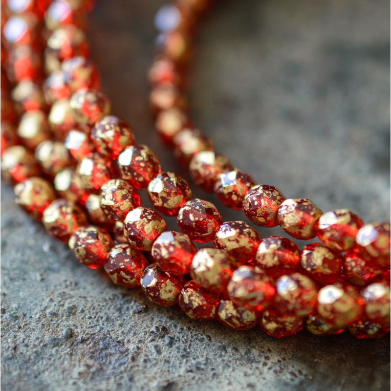 Facettes rouge rubis doré 4mm X50 Perles verre tchèque transparent