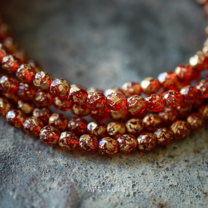 Facettes rouge rubis doré 4mm X50 Perles verre tchèque transparent