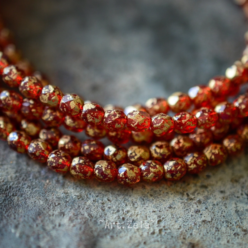Facettes rouge rubis doré 4mm X50 Perles verre tchèque transparent