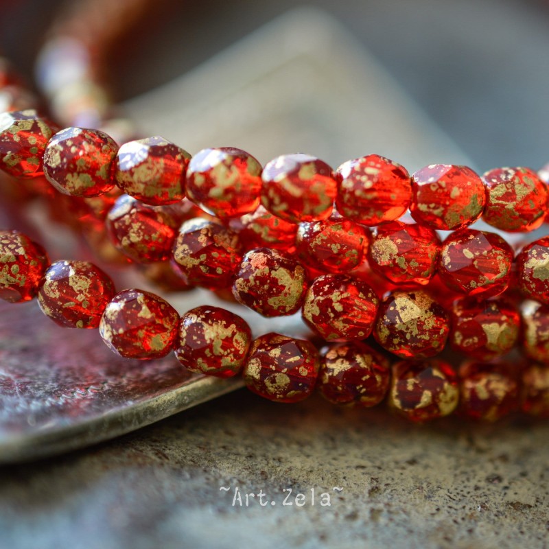 Facettes rouge rubis doré 4mm X50 Perles verre tchèque transparent