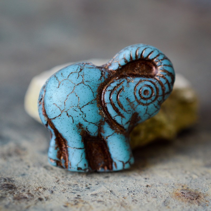 Éléphant bleu cuivré opaque 21mm X1  Perle verre tchèque