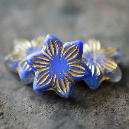 Fleurs soleil bleu cobalt bronze 16 mm X2 Perles verre tchèque