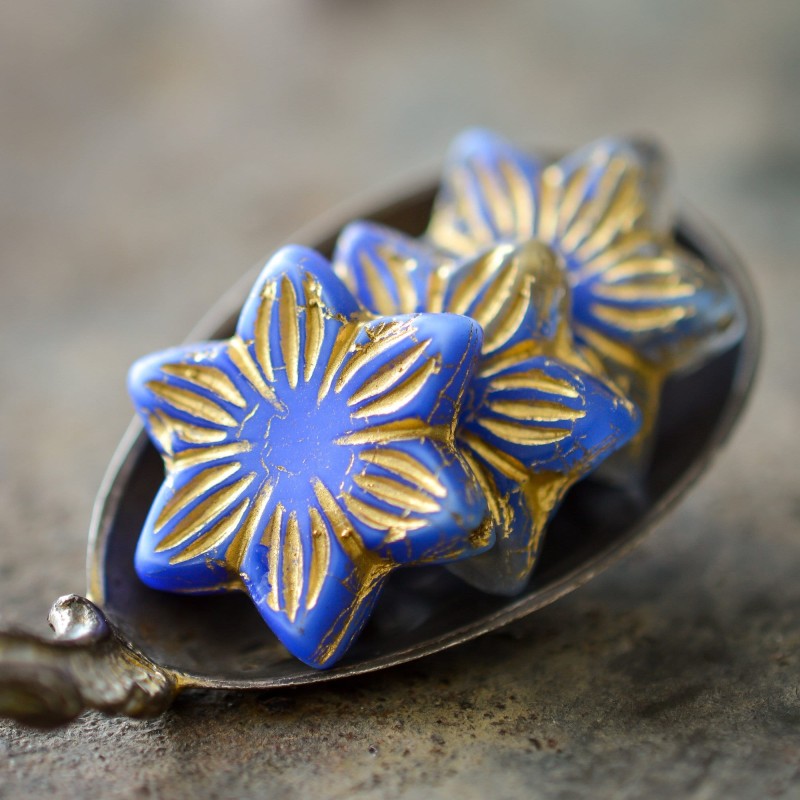 Fleurs soleil bleu cobalt bronze 16 mm X2 Perles verre tchèque