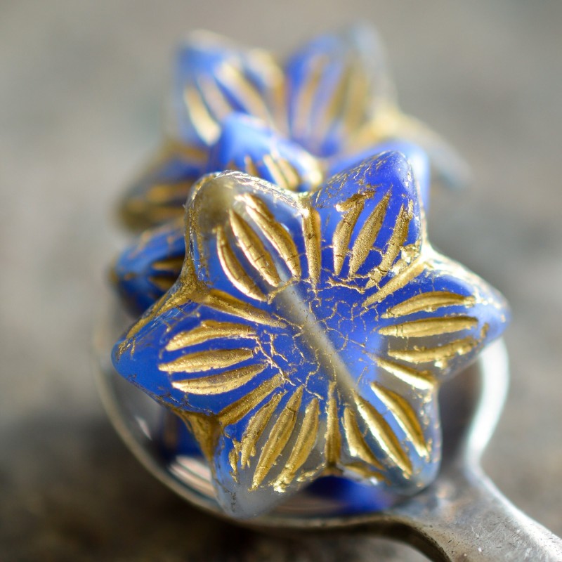 Fleurs soleil bleu cobalt bronze 16 mm X2 Perles verre tchèque