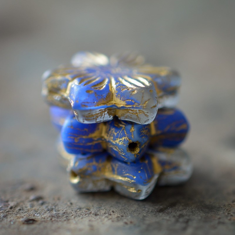 Fleurs soleil bleu cobalt bronze 16 mm X2 Perles verre tchèque