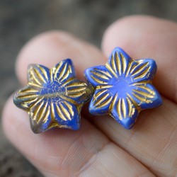 Fleurs soleil bleu cobalt bronze 16 mm X2 Perles verre tchèque