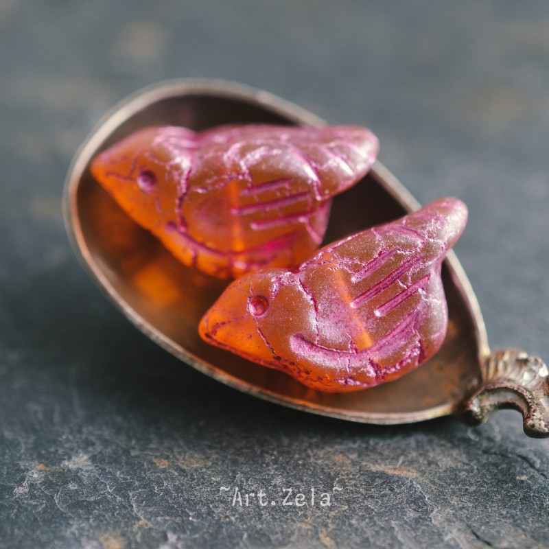 Oiseau rose orangé 22mm X1 Perle Verre Tchèque Artisanal