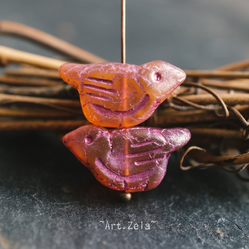 Oiseau rose orangé 22mm X1 Perle Verre Tchèque Artisanal