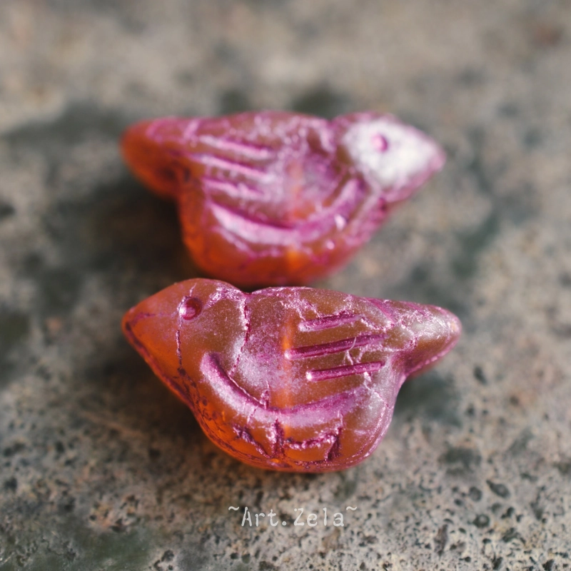 Oiseau rose orangé 22mm X1 Perle Verre Tchèque Artisanal