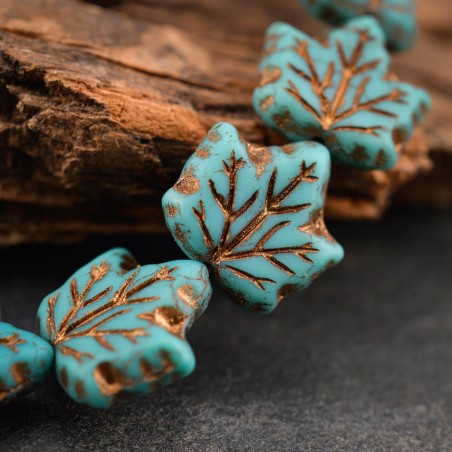 Feuille érable turquoise cuivré 13mm X4 Perles verre tchèque