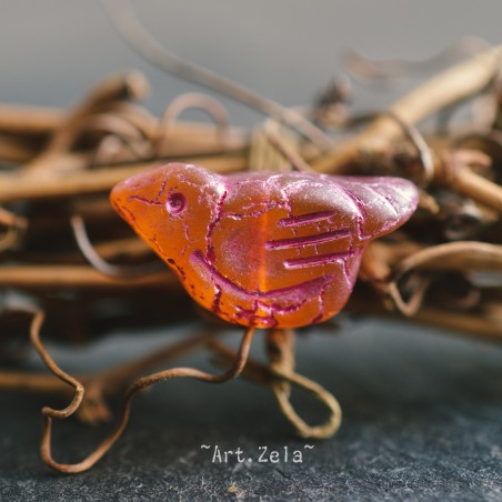 Oiseau rose orangé 22mm X1 Perle Verre Tchèque Artisanal